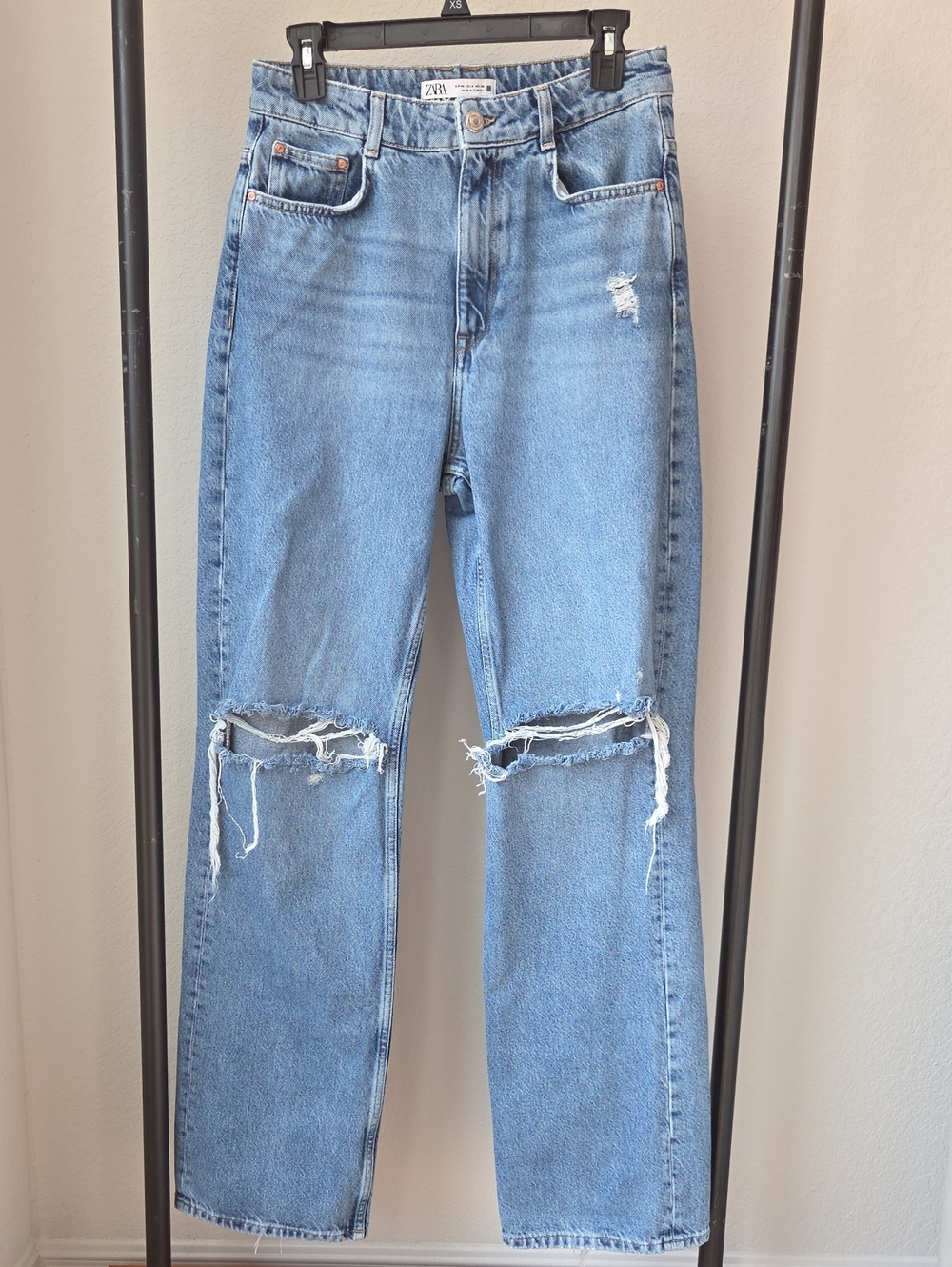 Zara Womens Light Blue Straight-Leg Denim Pants Distressed Jeans 28 W Grunge